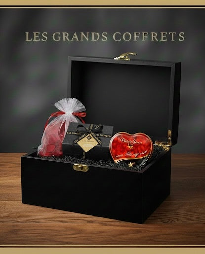 Coffret « Gourmandise » Bougie de massage comestible + Chocolats + Pétales de roses