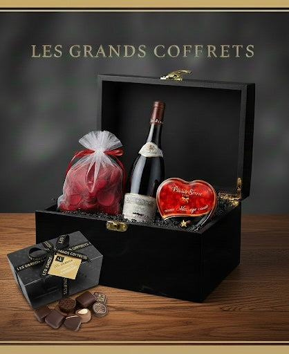 Coffret « Sensualité » Vin + Bougie de massage + Chocolat + Petales de rose